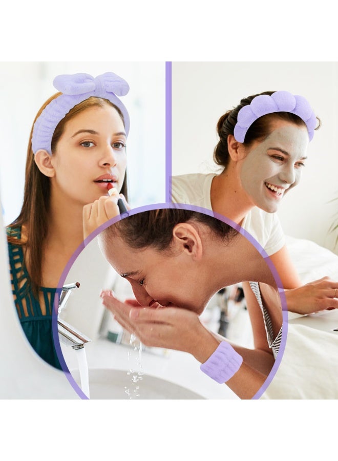 JUMEI 4 Pack Purple Spa Headband &  Wristbands Set, Soft Makeup Skincare Headbands with Bow, Face Wash Hair Accessories for Women - Image 3